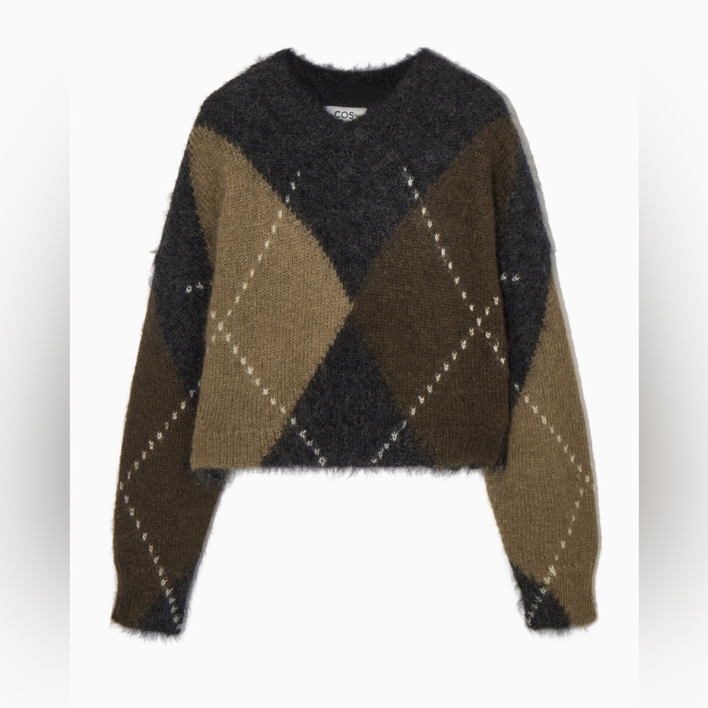 COS Women's V-Neck Argyle Sweater - Size S, Black and Brown